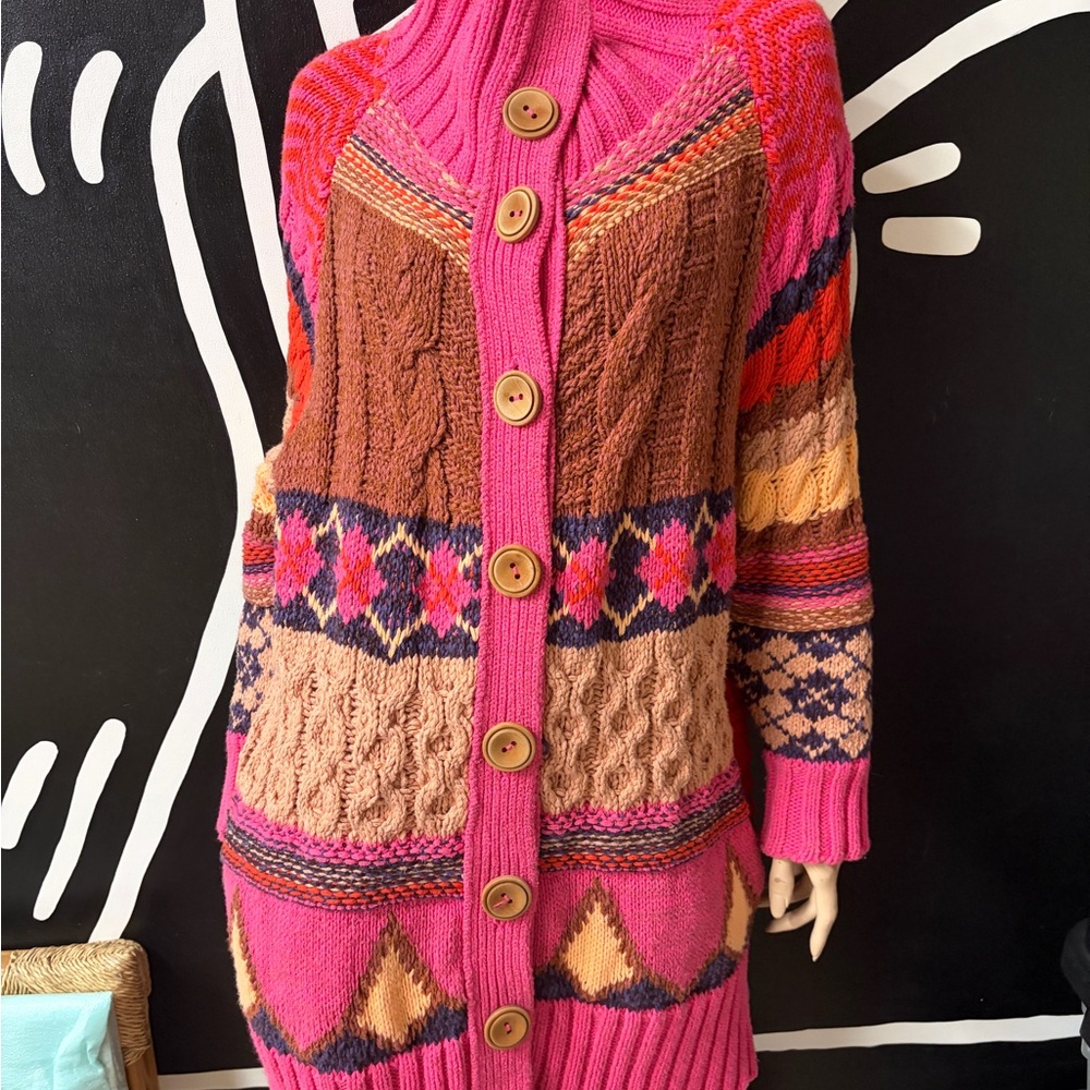 Free People Pink and Brown Button-Up Cardigan